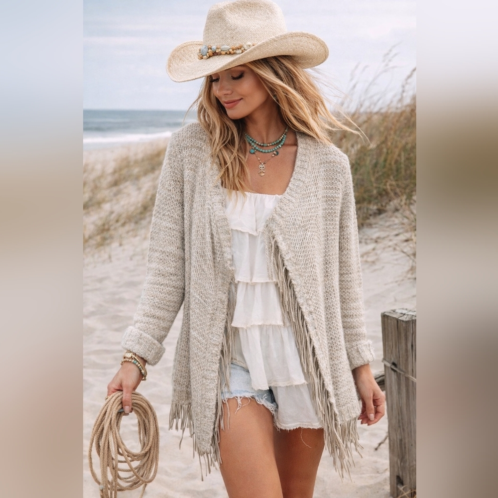 Ontwelfth Faux Suede Fringe Front Chunky Knit Cardigan Small Costal Cowgirl EUC